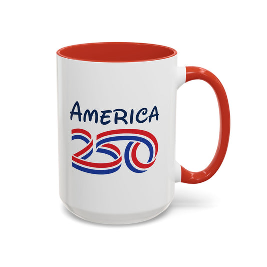 America 250 coffee mug with vibrant red interior and handle, designed for commemorative USA celebration.