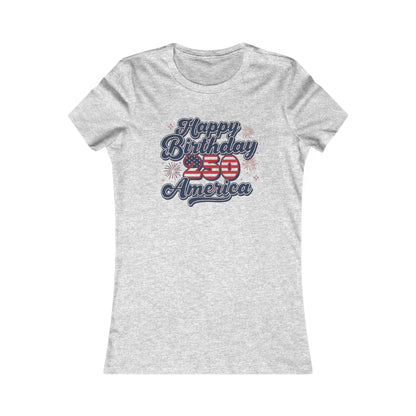Patriotic Women's Tee - Happy Birthday 250th America with vintage design and stars on a gray shirt.