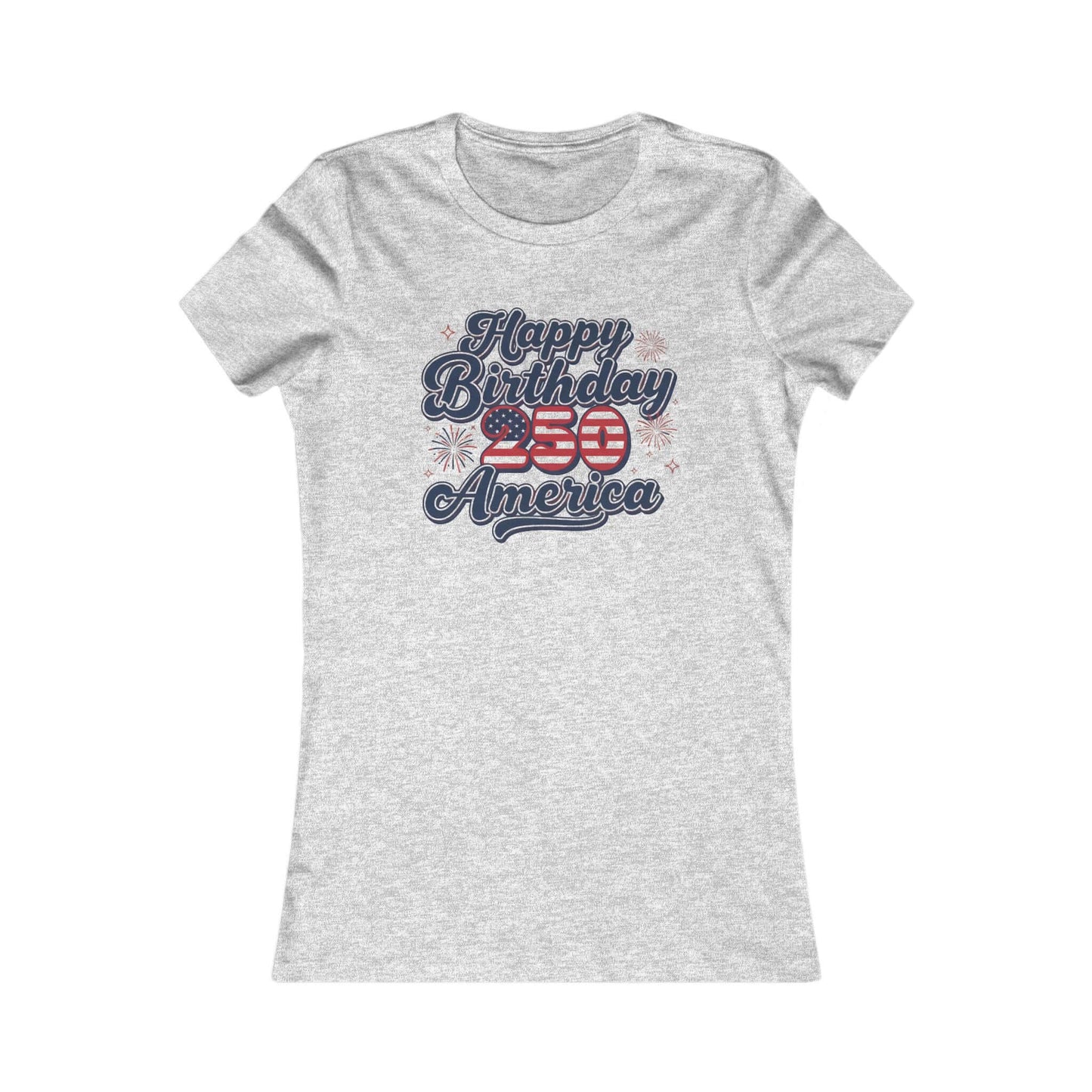 Patriotic Women's Tee featuring faded navy script 'Happy Birthday 250 America' with stars and stripes design.