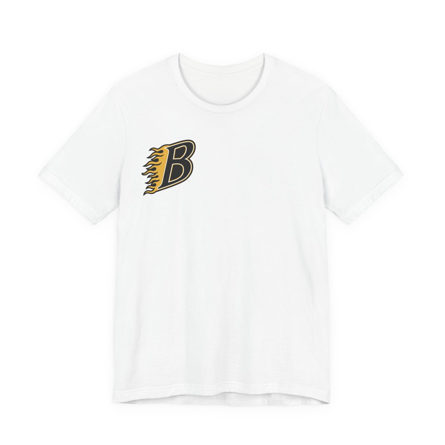 Burnsville Blaze Flaming 'B' Graphic Tee — Retro Letterman Style T-Shirt