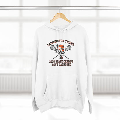Farmington Tigers 2026 State Champs Boys Lacrosse Fleece Hoodie displayed on a hanger in a bright room.