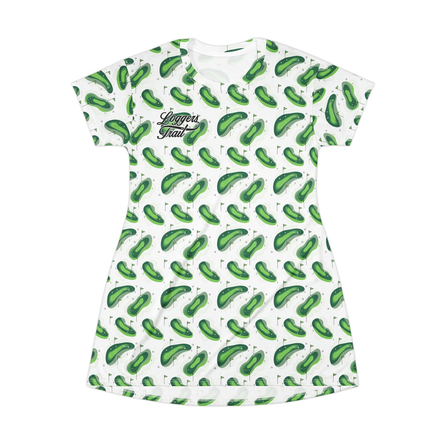 Logger's Trail Golf T-Shirt Dress featuring a green all-over golf-themed print and a relaxed A-line silhouette.