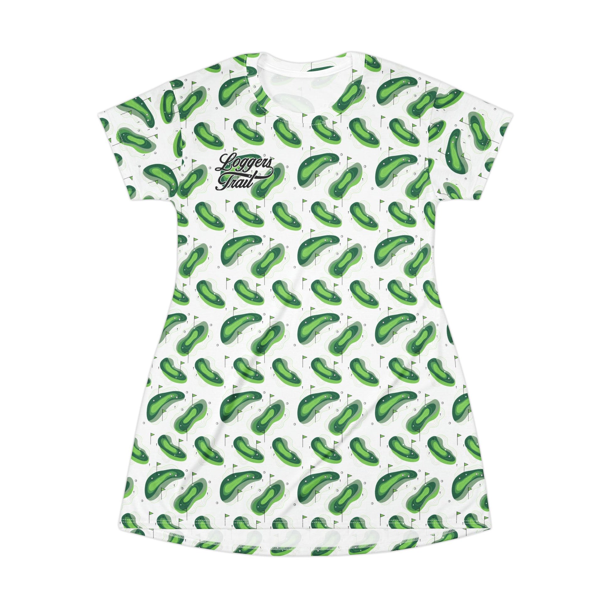 Logger's Trail Golf T-Shirt Dress featuring a green all-over golf-themed print and a relaxed A-line silhouette.