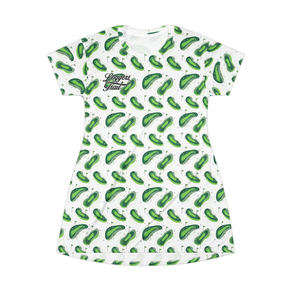Logger's Trail Golf T-Shirt Dress featuring a green all-over golf-themed print and a relaxed A-line silhouette.