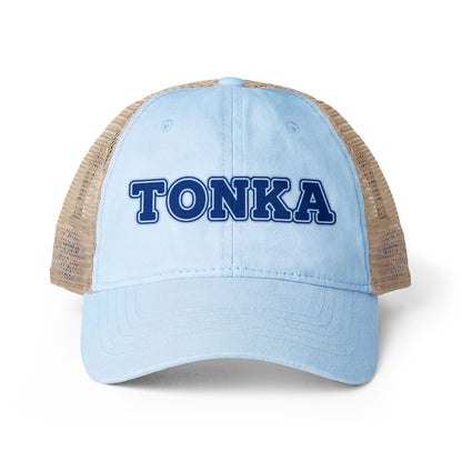 Minnetonka women's cap in light blue with mesh back, featuring bold 'TONKA' lettering for a casual look.