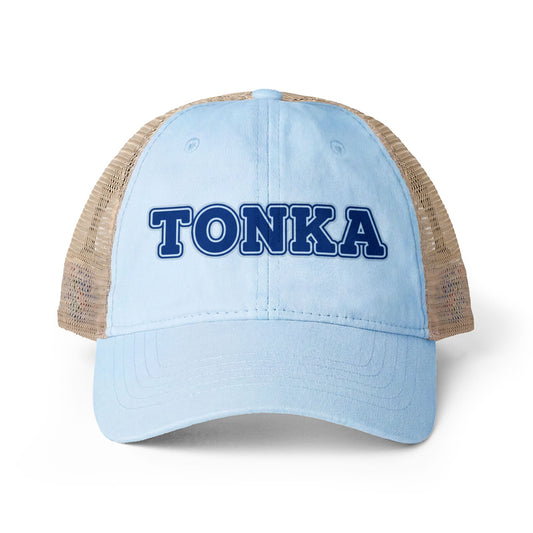 Minnetonka women's cap in light blue with mesh back, featuring bold 'TONKA' lettering for a casual look.