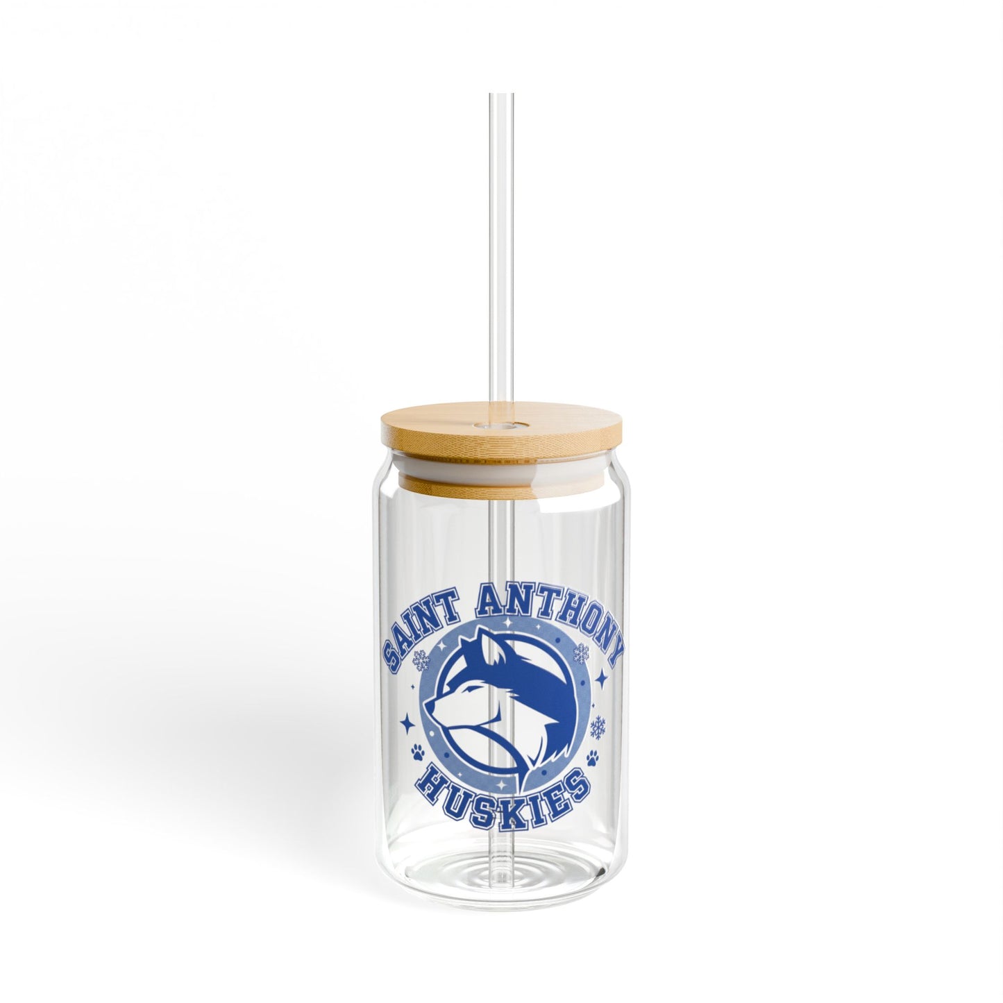 Saint Anthony Huskies Eco-Friendly 16oz Sipper Glass with Bamboo Lid - Perfect for Beverages on the Go!